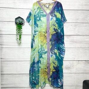 Soft Surroundings Sheer Floral Embroidered V-Neck Kaftan Dress One Size Fit Most